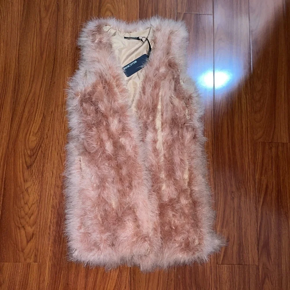 NWT TWINSET Italy genuine feather vest hip length size M in blush powder pink - Picture 4 of 12